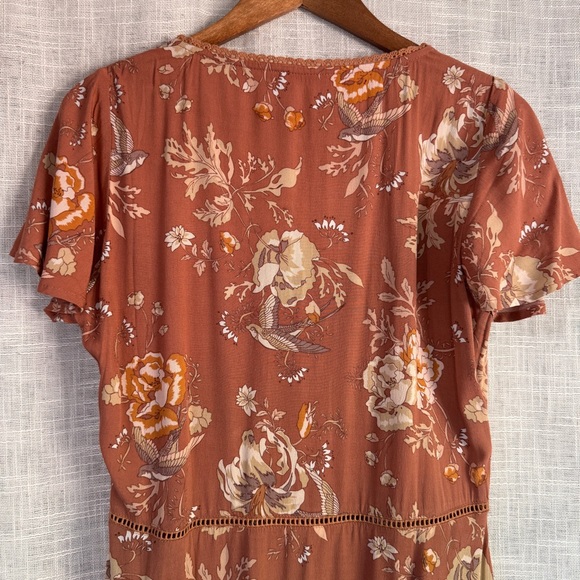 SPELL Rosa Garden Party Floral Bird Print Short Sleeve Midi Dress Camel Size L - Picture 5 of 11
